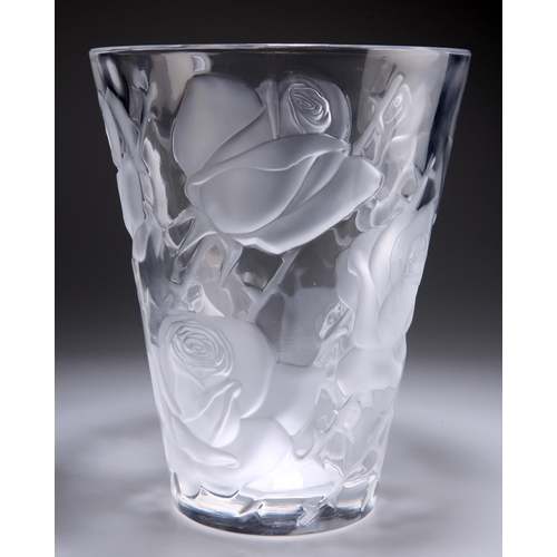 4 - LALIQUE, A LARGE GLASS VASE, the tapering cylindrical body moulded and frosted with roses, etched ma... 