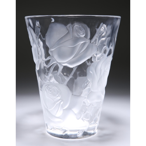 4 - LALIQUE, A LARGE GLASS VASE, the tapering cylindrical body moulded and frosted with roses, etched ma... 