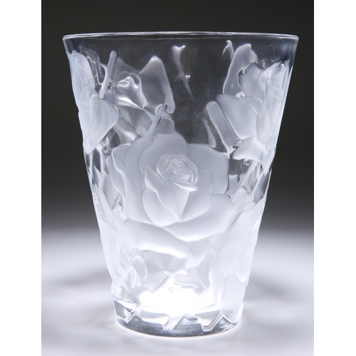 4 - LALIQUE, A LARGE GLASS VASE, the tapering cylindrical body moulded and frosted with roses, etched ma... 