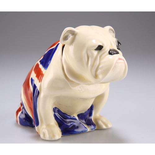 67 - A ROYAL DOULTON MODEL OF A BRITISH BULLDOG, draped in Union Flag, black printed factory mark and rd.... 