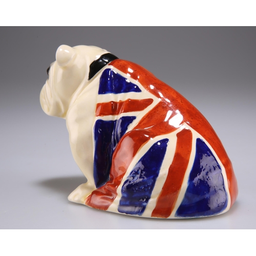 67 - A ROYAL DOULTON MODEL OF A BRITISH BULLDOG, draped in Union Flag, black printed factory mark and rd.... 