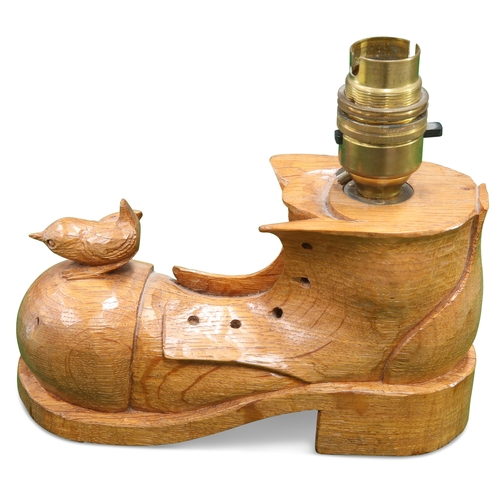 726 - BOB HUNTER, A WRENMAN OAK TABLE LAMP, in the form of a boot, adzed, with carved wren signature. 17.5... 