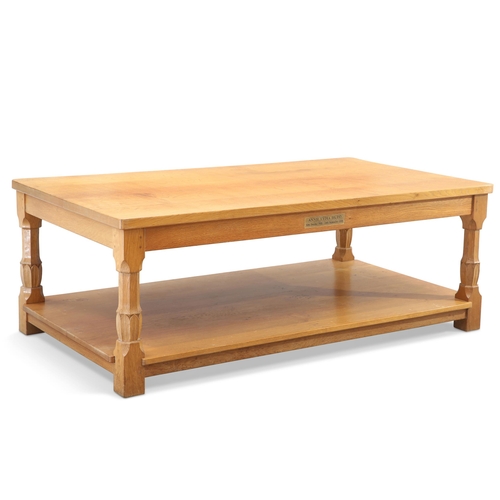 728 - BOB HUNTER, A WRENMAN OAK LARGE COFFEE TABLE, the 5ft four-plank adzed top raised on facetted balust... 