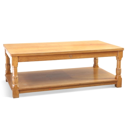 728 - BOB HUNTER, A WRENMAN OAK LARGE COFFEE TABLE, the 5ft four-plank adzed top raised on facetted balust... 