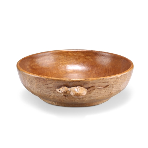 730 - ROBERT THOMPSON, A MOUSEMAN OAK FRUIT BOWL, circular, with adzed exterior and carved mouse signature... 