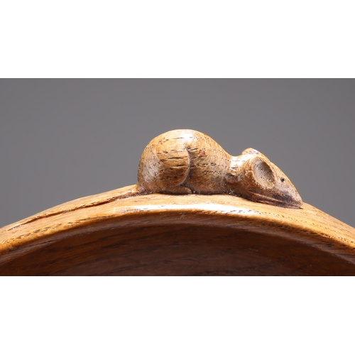 730 - ROBERT THOMPSON, A MOUSEMAN OAK FRUIT BOWL, circular, with adzed exterior and carved mouse signature... 