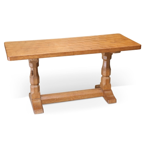 732 - ROBERT THOMPSON, A MOUSEMAN OAK COFFEE TABLE, the 3ft adzed rectangular top raised on a trestle base... 