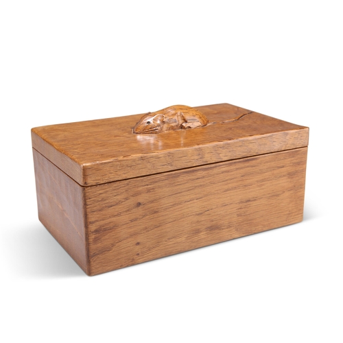 737 - ROBERT THOMPSON, A MOUSEMAN OAK TRINKET BOX, adzed rectangular form with lift-off lid, carved mouse ... 