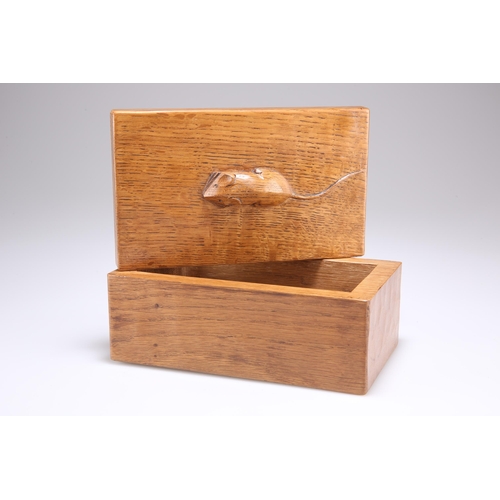 737 - ROBERT THOMPSON, A MOUSEMAN OAK TRINKET BOX, adzed rectangular form with lift-off lid, carved mouse ... 