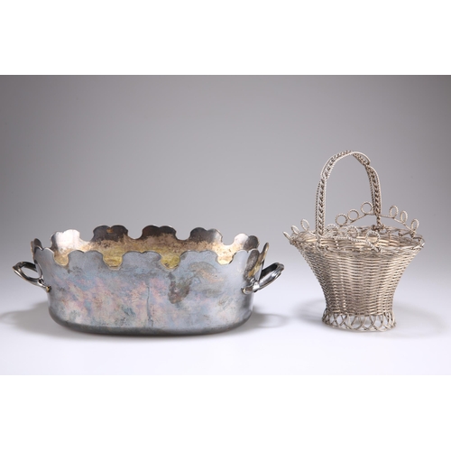 1009 - AN OLD SHEFFIELD PLATE WIREWORK BASKET, of flared oval form with fixed handle; together with A SILVE... 