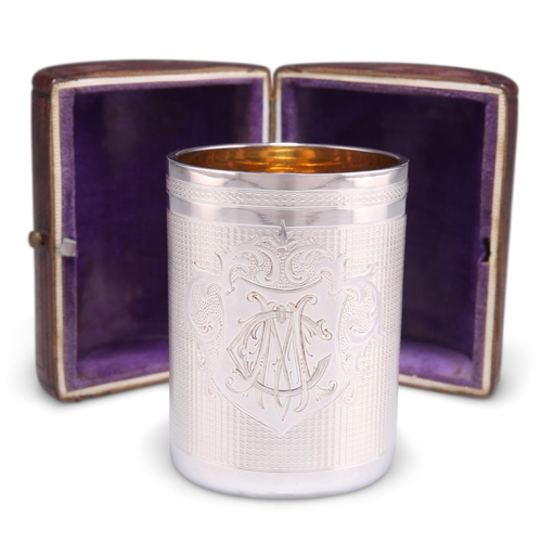 1017 - A LATE 19TH CENTURY ENGINE-TURNED BEAKER CUP, cylindrical, engraved with a monogram within a cartouc... 
