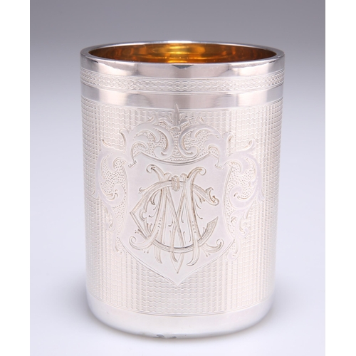 1017 - A LATE 19TH CENTURY ENGINE-TURNED BEAKER CUP, cylindrical, engraved with a monogram within a cartouc... 