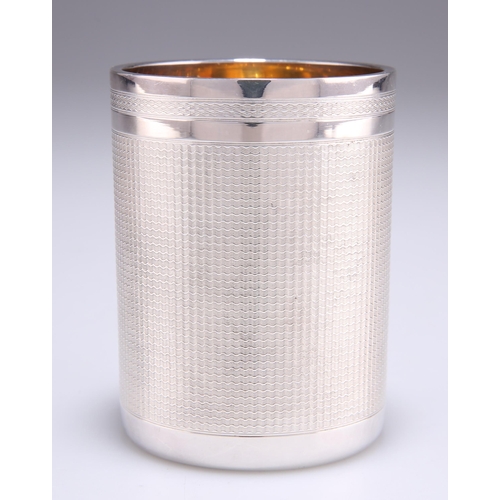 1017 - A LATE 19TH CENTURY ENGINE-TURNED BEAKER CUP, cylindrical, engraved with a monogram within a cartouc... 
