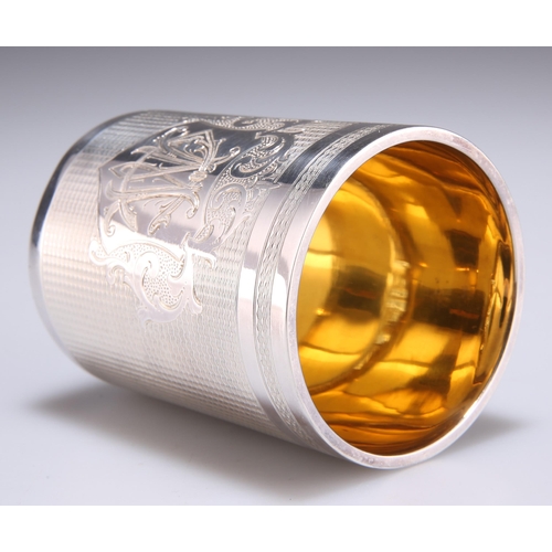 1017 - A LATE 19TH CENTURY ENGINE-TURNED BEAKER CUP, cylindrical, engraved with a monogram within a cartouc... 