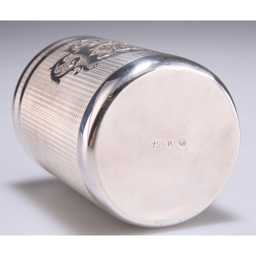 1017 - A LATE 19TH CENTURY ENGINE-TURNED BEAKER CUP, cylindrical, engraved with a monogram within a cartouc... 