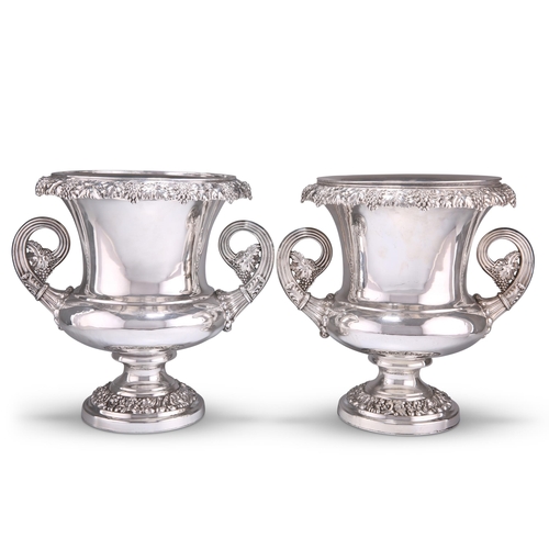 1032 - A MATCHED PAIR OF OLD SHEFFIELD PLATE WINE COOLERS, c.1820, campana form, with collars and liners, w... 