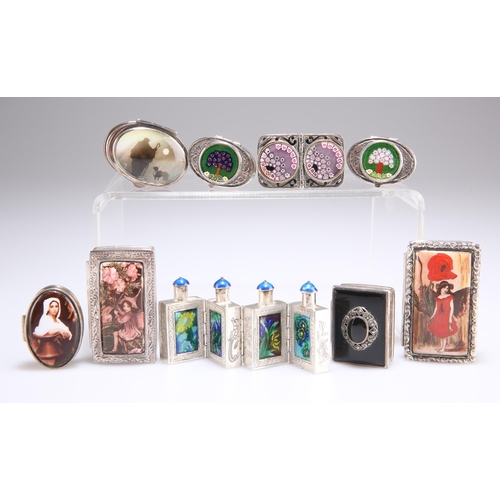 1042 - A SET OF CHINESE WHITE-METAL AND ENAMEL HINGED SCENT FLASKS, unmarked, 8.2cm long; together with A G... 