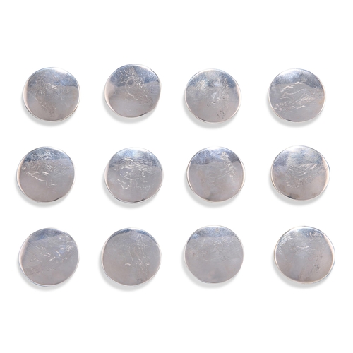 1121 - A SET OF TWELVE GEORGE III SILVER HUNT BUTTONS, some marked for William Stroud, engraved with sports... 