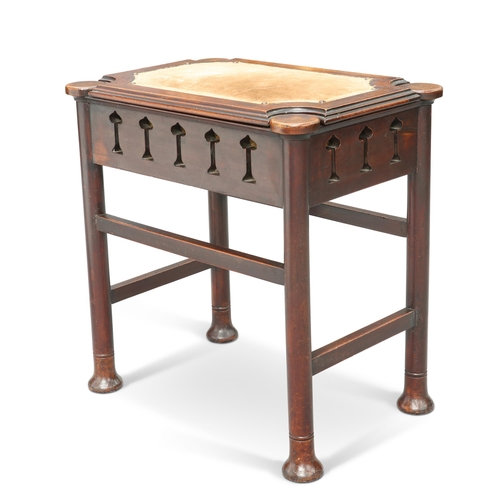 579 - AN ARTS AND CRAFTS STAINED BEECH MUSIC STOOL, the moulded rectangular top with inverted concave corn... 