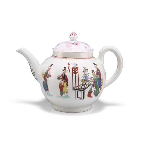 58 - A WORCESTER TEAPOT, CIRCA 1770, painted with the Chinese Family pattern, with associated cover. 12.5... 