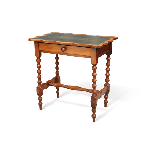 580 - AN UNUSUAL ARTS AND CRAFTS MAHOGANY WRITING TABLE, the rectangular top of wavy outline and with an i... 