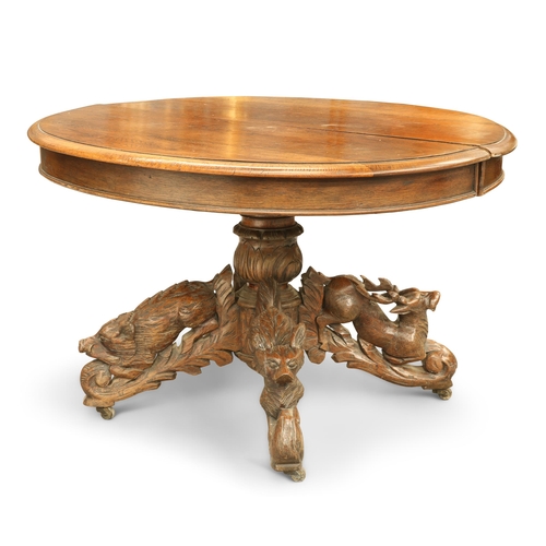 698 - A CONTINENTAL 19TH CENTURY OAK EXTENDING DINING TABLE, the ends of circular form, raised on a centra... 