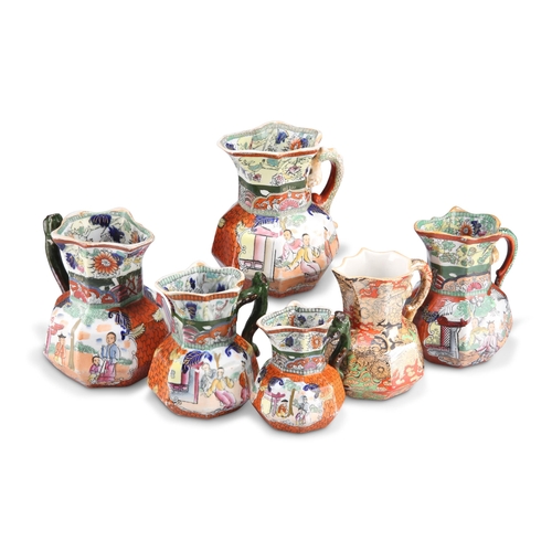 87 - A GROUP OF SIX MASON'S PATENT IRONSTONE CHINA JUGS, various sizes, including five in the 