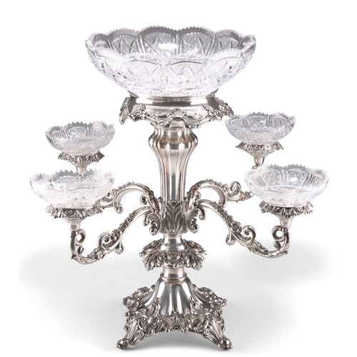 1001 - A FINE 19TH CENTURY SILVER-PLATED CENTREPIECE, the central vasiform stem supporting a large cut-glas... 