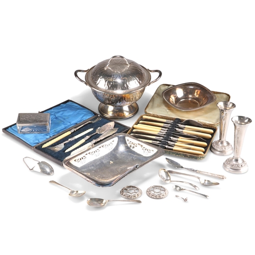 1004 - A GROUP OF SILVER-PLATE, including a two-handled covered bowl, bud vases, etc. (Qty) Bowl 26cm acros... 