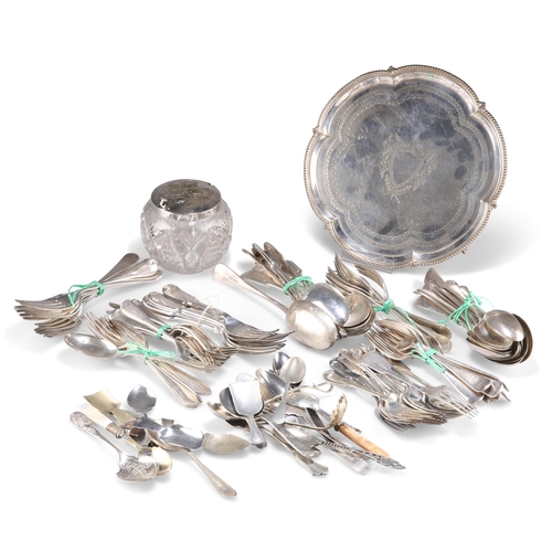1005 - A GROUP OF SILVER-PLATE, including a Victorian salver and assorted flatware. (Qty) Salver 26cm diame... 