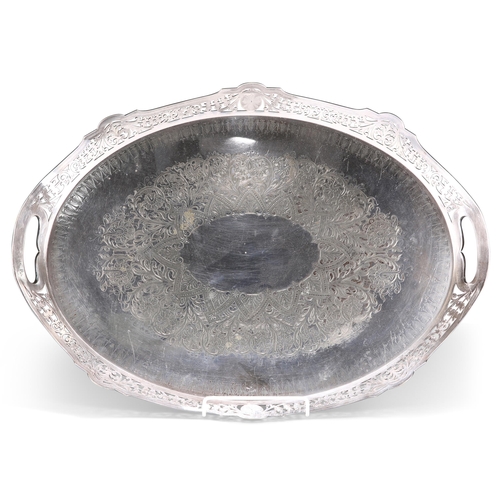 1018 - A VICTORIAN SILVER-PLATED LARGE TRAY, by Roberts & Belk, oval with pierced gallery, engraved decorat... 