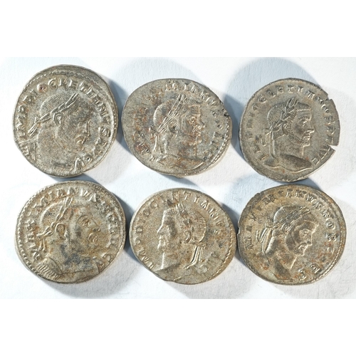 106 - 6x Ae Follis consisting of: 3x Diocletian (284 - 305 CE), GENIO POPVLI ROMANI, Genius standing left,... 