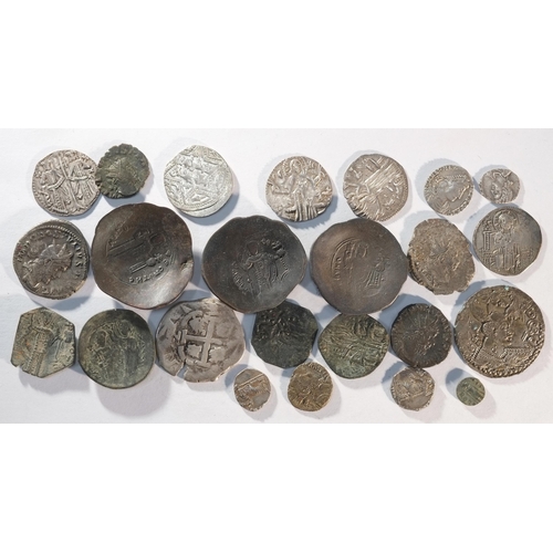 123 - A miscellany of 24x ancient, medieval and later coins consisting of: 2x billon antoninianii of Postu... 