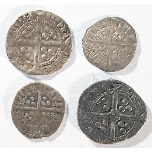 132 - Edward III, 4x silver coins consisting of: London mint penny, class c, Good Very Fine. 2x florin coi... 