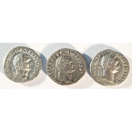 15 - 3x Flavian silver denarii consisting of: Vespasian (69 - 79 CE), COS ITER TR POT, Pax seated left, h... 