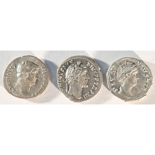 16 - 3x Antonine silver denarii consisting of: Hadrian (117 - 138 CE), VOTA PVBLIA, emperor sacrificing o... 