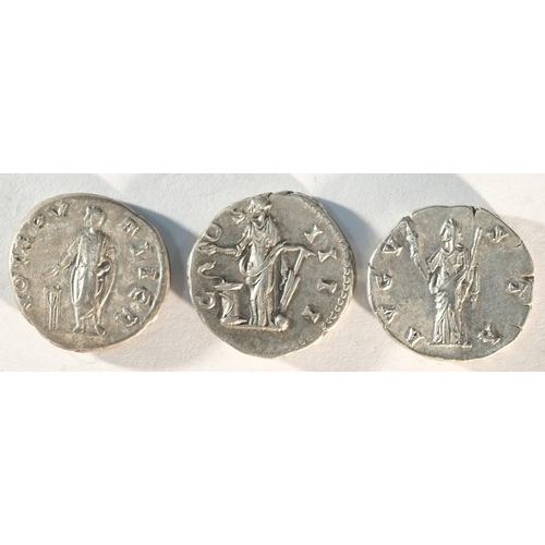 16 - 3x Antonine silver denarii consisting of: Hadrian (117 - 138 CE), VOTA PVBLIA, emperor sacrificing o... 