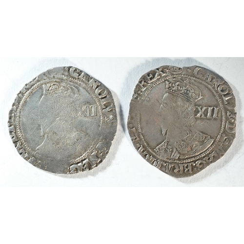 164 - 2x Charles I shillings. 5.87 grams, 30.5 mm, 10h, mintmark (R) 1644 - 1645. Obv: Crowned bust facing... 