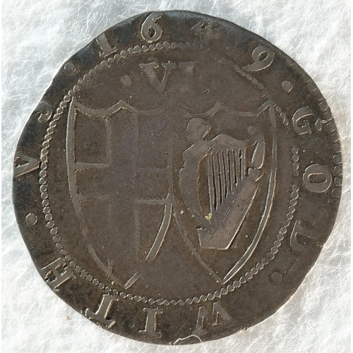 177 - Commonwealth, 1649 sixpence, 2.94 grams, 25.6 mm, 6h, mintmark sun. Obv: Shield with St. George's cr... 