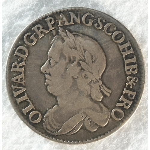 179 - Cromwell, (1653 - 1658) 1658 shilling, 5.88 grams, 27.7 mm, 6h. Obv: Laureate and draped bust of Oli... 