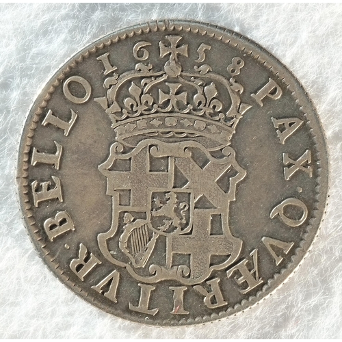 179 - Cromwell, (1653 - 1658) 1658 shilling, 5.88 grams, 27.7 mm, 6h. Obv: Laureate and draped bust of Oli... 