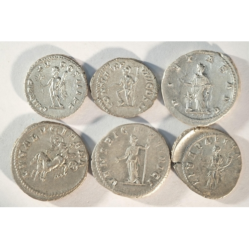 18 - 6x silver Severan Dynasty coins consisting of: 2x Caracalla (198 - 217 CE) denarius: PM TR P XV COS ... 