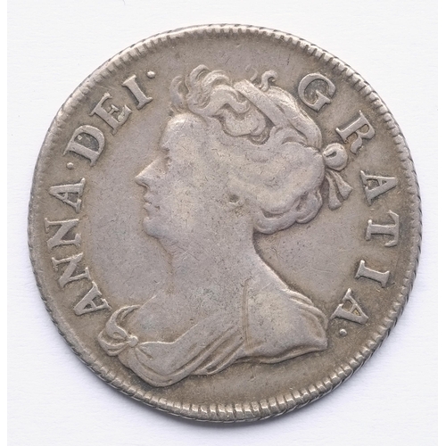 183 - Anne (1707 - 1714) 1708 shilling. Obv: Draped bust facing left. Rev: Crowned cruciform shields with ... 