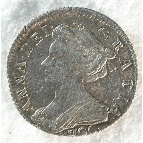 187 - Anne (1702 - 1714) 1703 VIGO sixpence. Obv: Draped bust left. Rev: Cruciform shields. S. 3590. Fleck... 