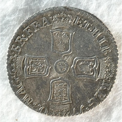 187 - Anne (1702 - 1714) 1703 VIGO sixpence. Obv: Draped bust left. Rev: Cruciform shields. S. 3590. Fleck... 