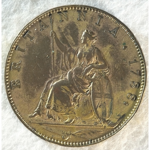 189 - George III (1760-1820), Pattern Halfpenny, 1788 (late Soho), by J.-P. Droz, in brown gilt copper. Ob... 