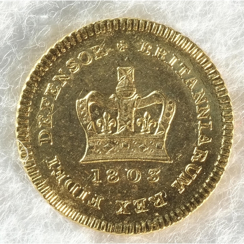 194 - George III (1760 - 1820) 1803 third-guinea. Obv: First laureate head right. Rev: Crowned date. S. 37... 