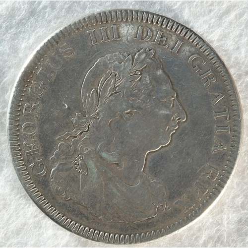 199 - George III, 1804 five shillings. Obv: Laureate bust right, top leaf to left side of E. Rev: Britanni... 