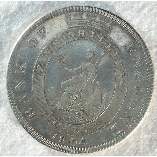 199 - George III, 1804 five shillings. Obv: Laureate bust right, top leaf to left side of E. Rev: Britanni... 