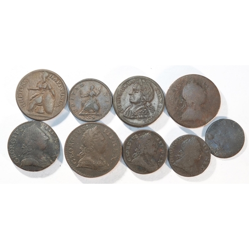 207 - George III (1860 - 1820), a group (9) of halfpennies, farthings and evasions consisting of: 1773 hal... 